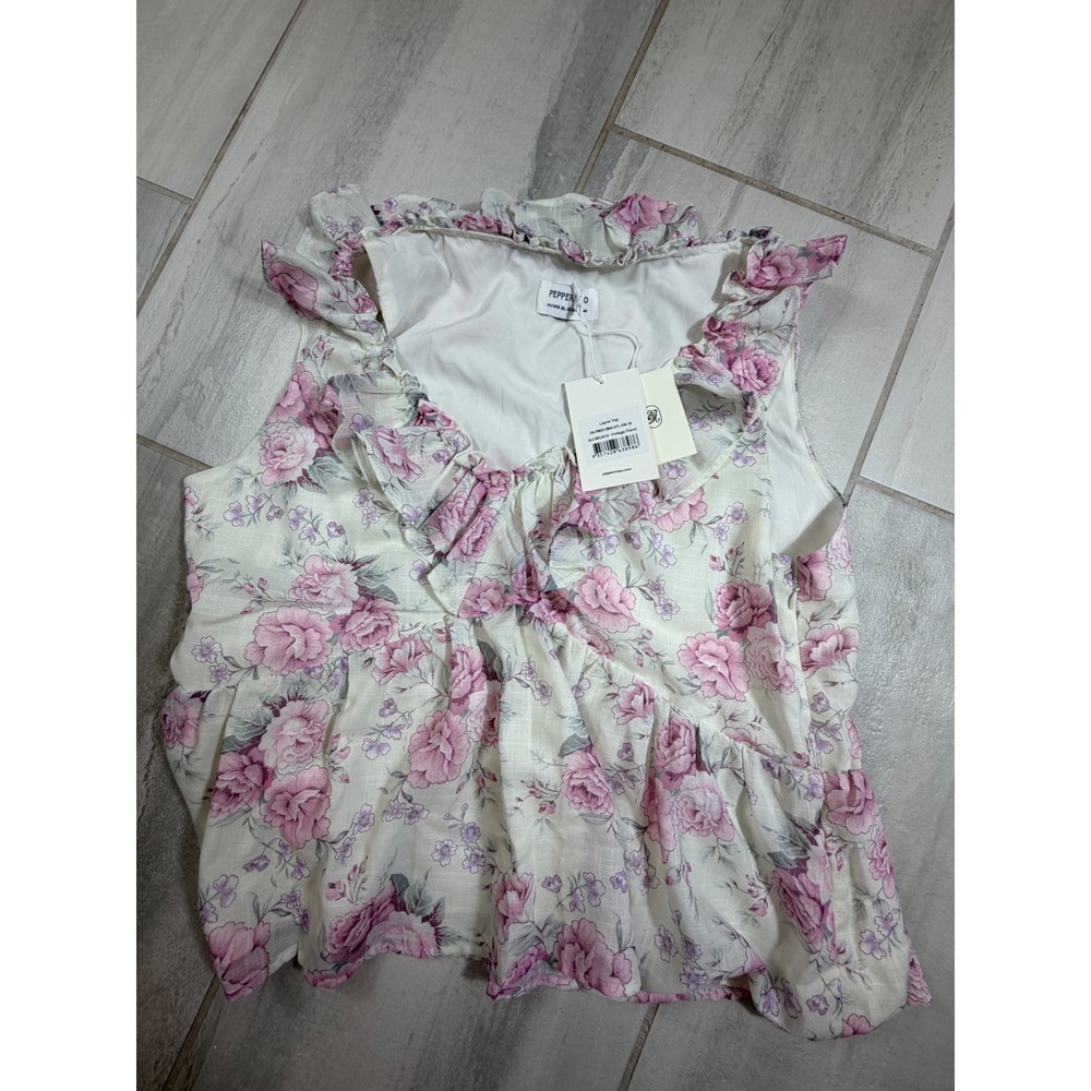 Peppermayo Layne Top Vintage FloralPink Ruffle Peplum VNeck Sleeveless US 14 NEW